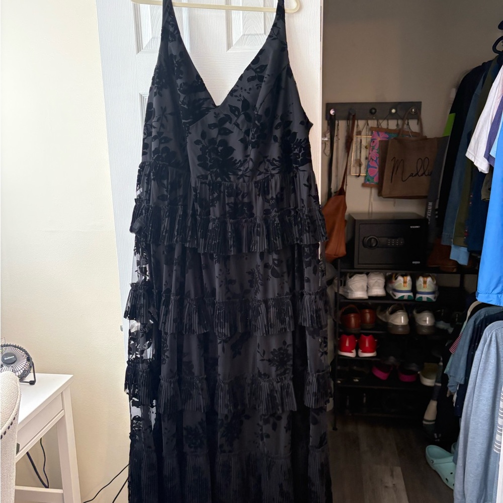 Azazie Black Floral Burnout Tiered Maxi Dress - Picture 3 of 6